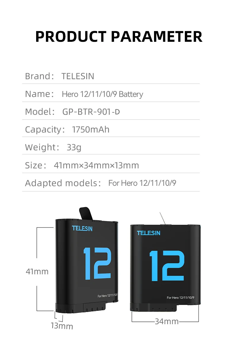 TELESIN 1750 mAh Akku für GoPro Hero 9 10 11 12 Akku 3 Slot Silikon Anti-Fall wasserdichte Ladebox mit TF-Kartenleser – Detail 17
