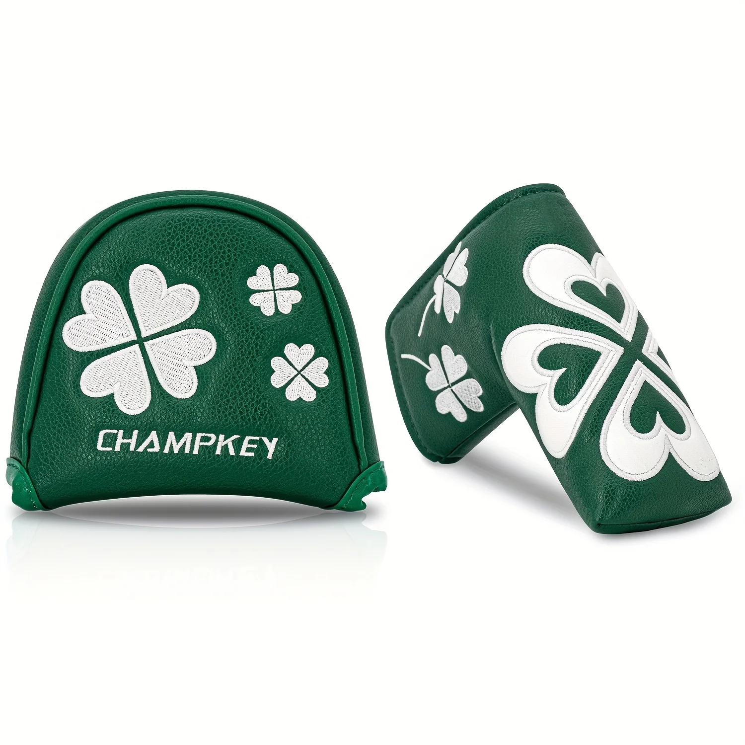 Golf Putter Head Cover - Four-Leaf Clover & Heart-Shaped Design with Charm Symbol, White & Green Irish-Themed Putter Head