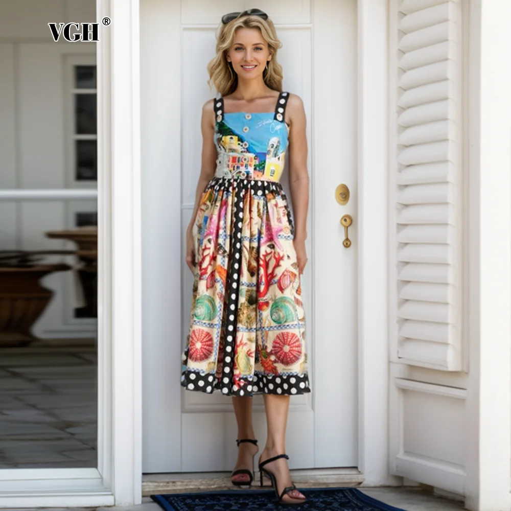 VGH Colorblack Print Vintage Dresses For Women Square Collar Sleeveless Backelss High Waist Spliced Button A Line Dress Female