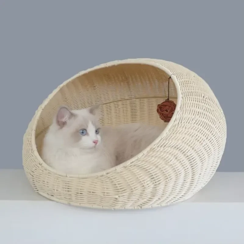 Vintage Handmade Wicker Indoor Pet Cat Nest House Rattan Cat Basket Cave Bed Dog Beds