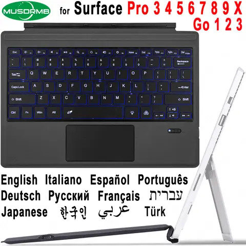 Podświetlana klawiatura do Microsoft Surface Pro 3 4 5 6 7 8 9 X Go 1 2 3 Trackpad Bezprzewodowa klawiatura magnetyczna Arabski Ñ Koreański AZERTY