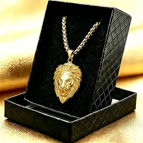 Vintage 3D Carved Lion Head Pendant Necklace, Stainless Steel Men's Biker Chain  Hip Hop Sports Jewelry Gift Box