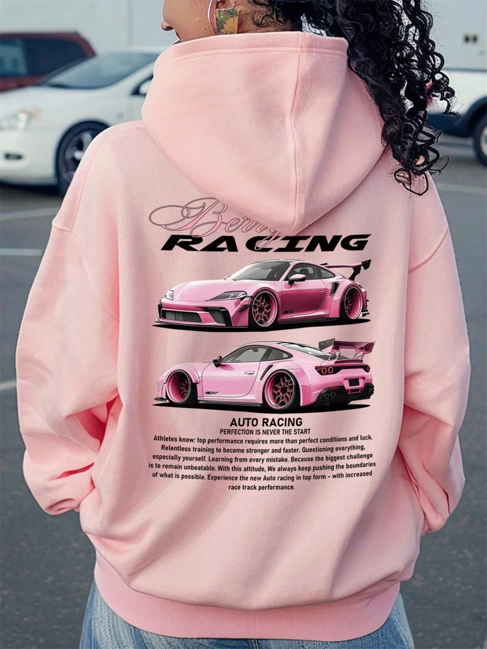 

2024 Autumn and Winter Hot Selling Women's Oversized Slogan & Car Print Drop Shoulder Hoodie Sweatshirt Pure Cotton Hoodie
