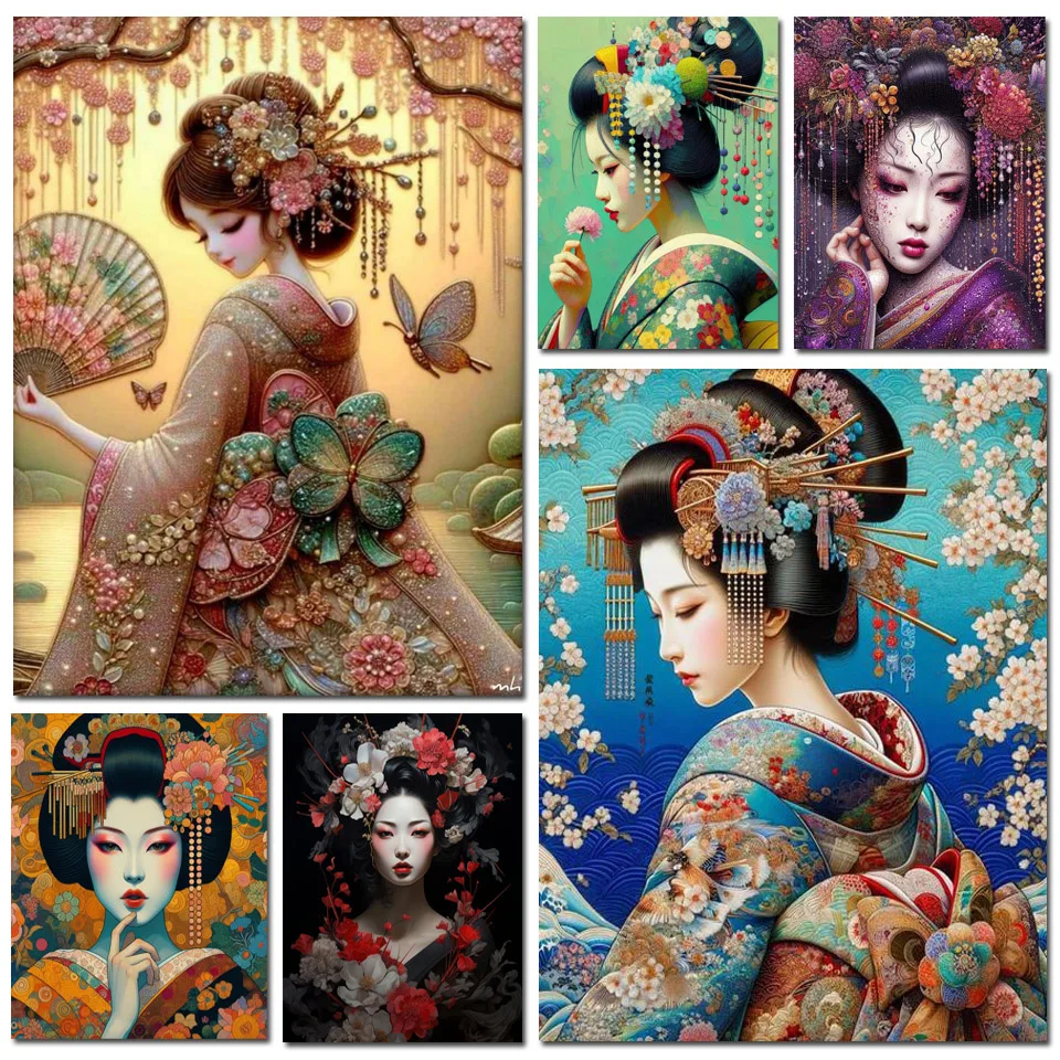 Diy Diamond Art Painting New Jewelry Cross Stitch Kit Japanese Kimono Women Full Mosaic Embroidery Cherry Blossom Geisha Picture