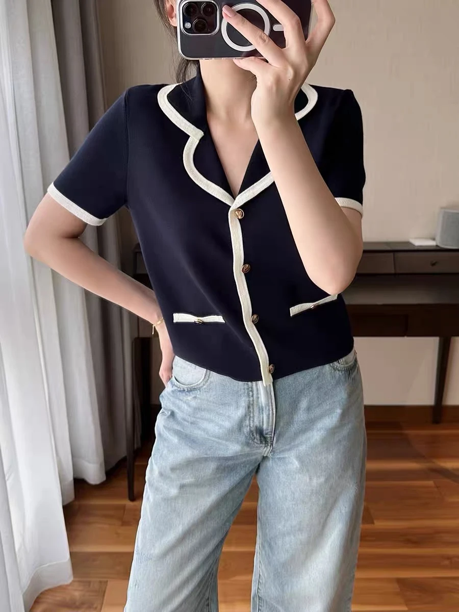 Verão coreano elegante camisola cardigan feminino manga curta único breasted topos malhas elegante moda vintage senhoras jumpers