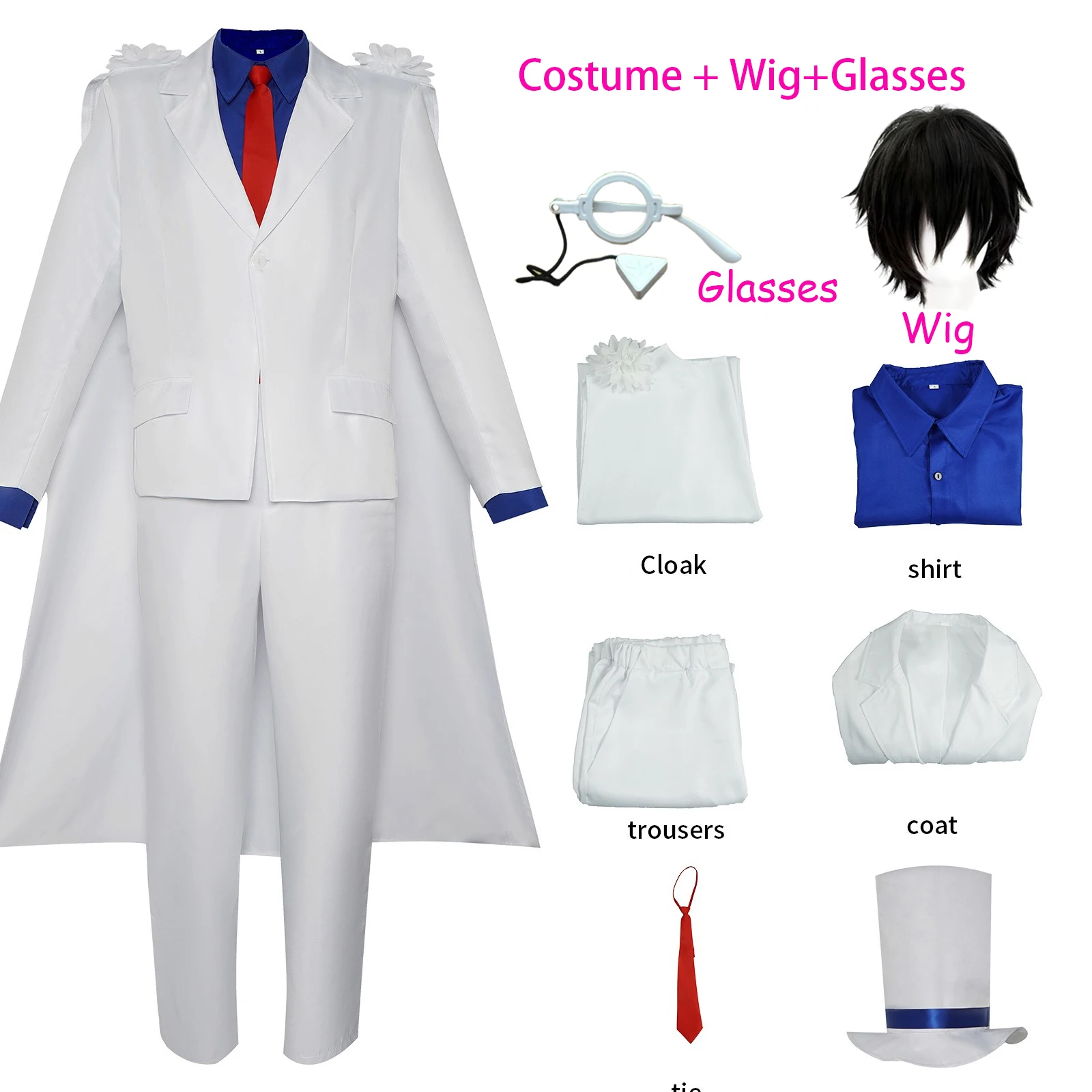 Kid The Phantom Thief Kuroba Kaito Kaitou Kiddo Cosplay Costume Carnival Uniform Anime Roleplay Party Costume Wig Glasses Props