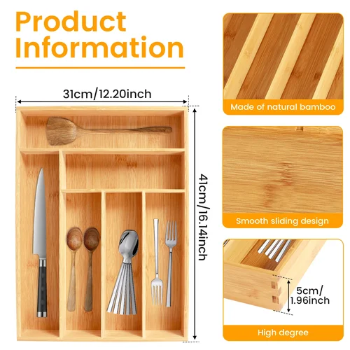 주방 서랍 커트레이 정리함, 5/6 칸 대나무 서랍 상자, 은식기 트레이, 내구성 주방 서랍 정리함 트레이, 신제품