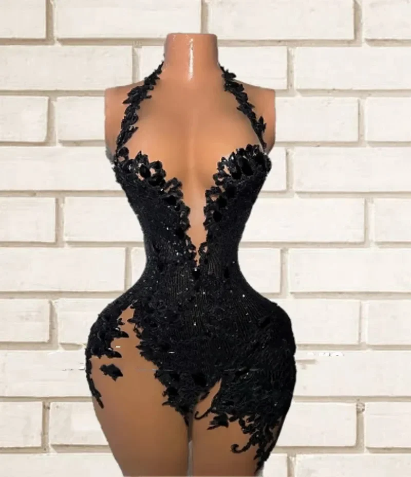 Afrikanische schwarze Mini kurze Ballkleider für Frauen sexy Spitze Applique Party kleider ärmelloses Vestido de Cocktail Abendkleid