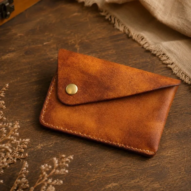 New Genuine Leather Slim Card Holder Wallet, Minimalist Snap Closure Coin Purse,Japanese Vintage Thin Card Case for Men & Women
