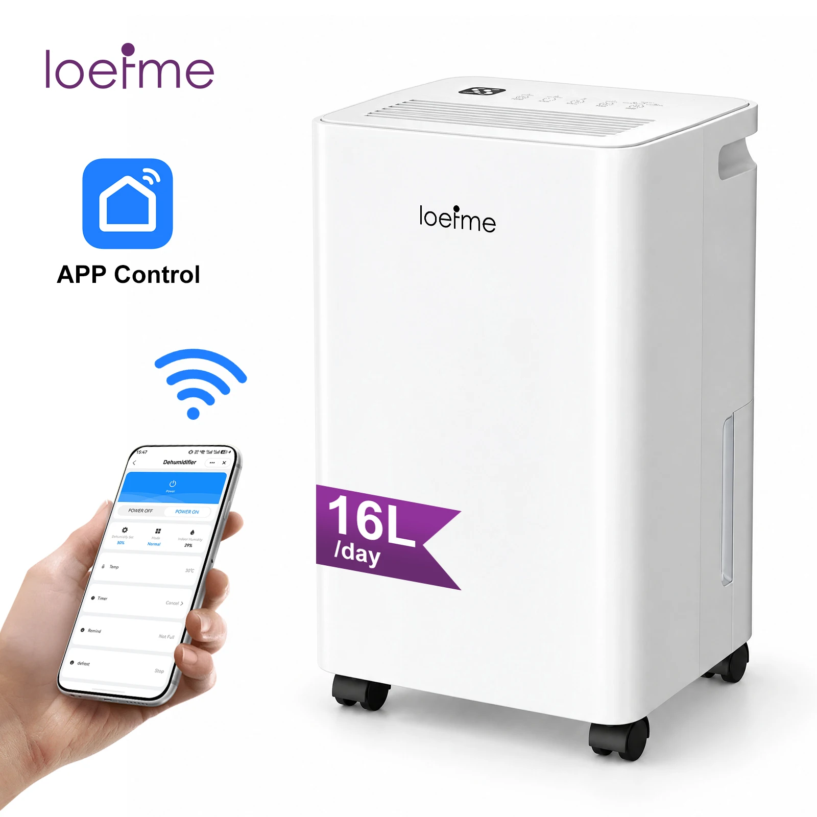 LOEFME, deumidificatore intelligente da 16 litri al giorno, con controllo remoto tramite app, timer programmabile 24 ore, serbatoio dell'acqua da 2 litri, tubo di scarico da 3 metri, silenzioso,