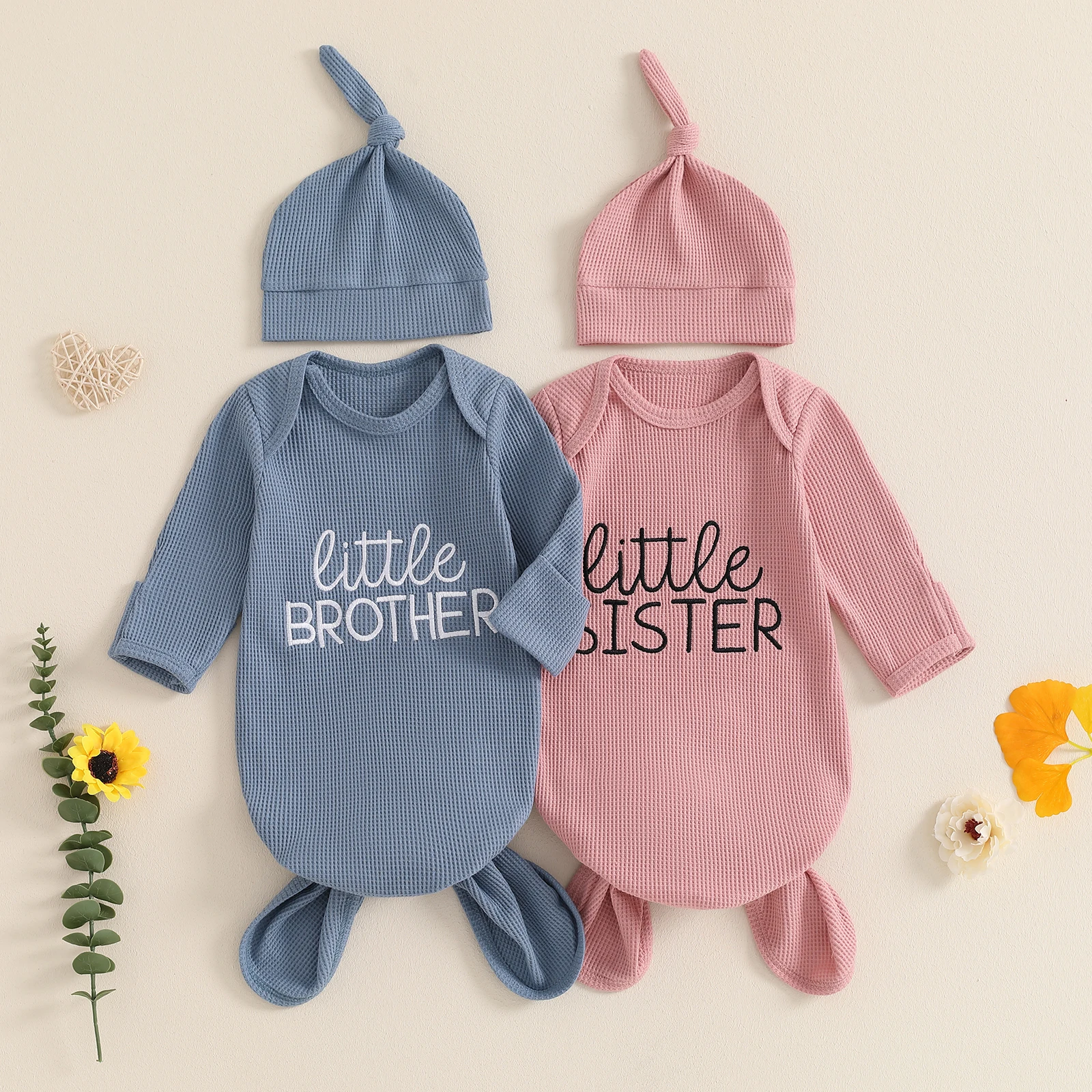 

Soft Baby Sleeping Bag Sack Letter Embroidered Waffle Round Neck Long Sleeve Pullover Hat Outfit Sleeping Bags