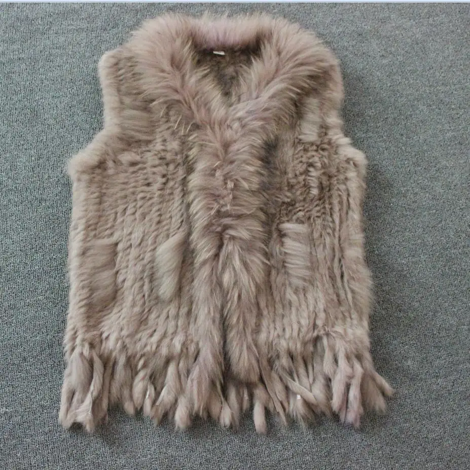 New Real ladies Genuine Knitted Rabbit Fur Vest With Raccoon Fur Trimming Waistcoat Winter Fur Jacket harppihop fur