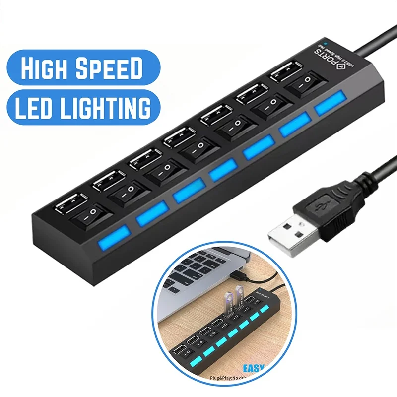 7 Port USB 2.0 Hub Splitter For Computer Peripheral Expansion Multi Port High Speed Data Transfer External Device Connection Hub