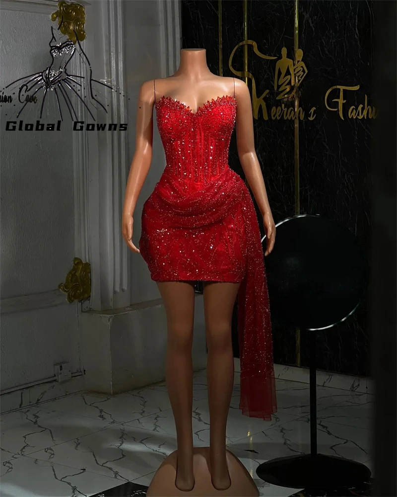 Sparkly vermelho aniversário vestidos de baile luxo preto meninas 2025 frisado strass vestido baile mini vestido cocktail personalizado