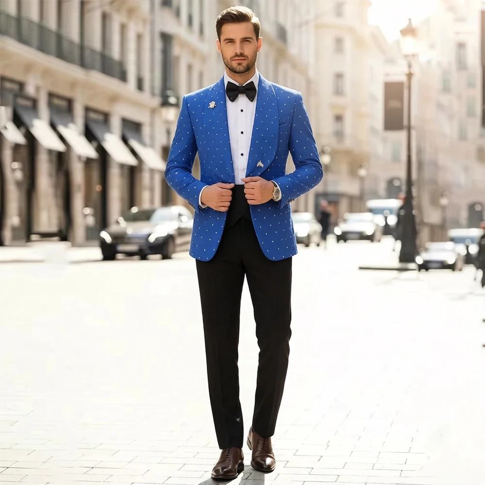 Luxury 2 Pieces Men Suits Shawl Lapel Single Breasted Tuxedo Wedding Outfit Blazer Crystal Prom Suit Jacket+Pants Customized