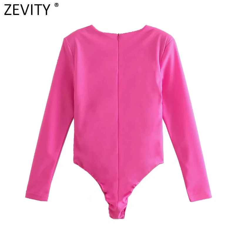 Zevity New Women Sexy V Neck Solid Color Slim Bodysuits Lady Chic High Street Back Zipper Club Party Playsuits Rompers LS9857