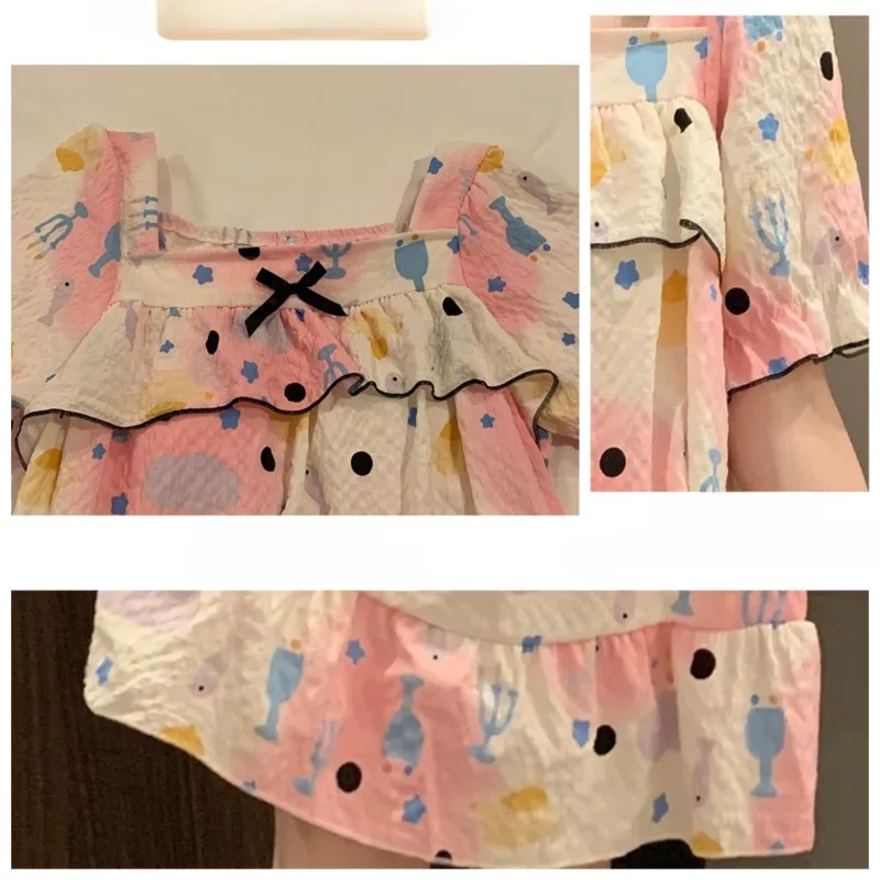 Nightdress Female Summer New Japanese Girls Short Sleeve Plus Size Princess Wind Striped Floral Cartoon Home Wear Loose Dress