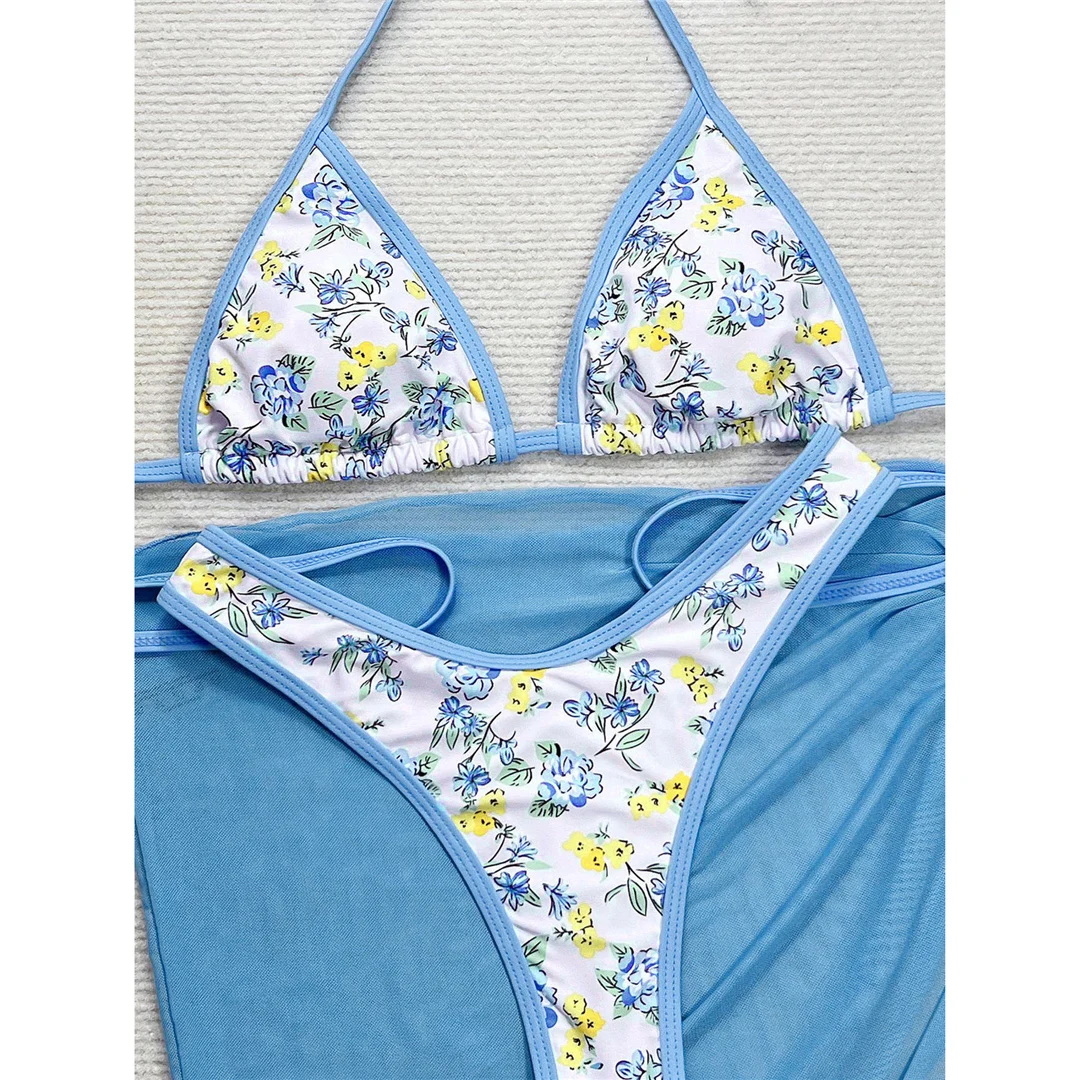 Neu mit Sarong, Blumenmuster, Neckholder, String-Bikini, Damen-Badebekleidung, dreiteiliges Bikini-Set, Badeanzug, Badebekleidung, Schwimmbekleidung V6373 – Detail 14