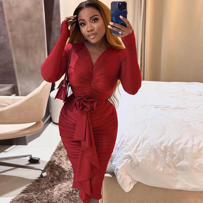 

Sexy Long Sleeve Bodycon Midi Dress Women V-neck Appliques Ruched Sheath Nightclub Party Birthday Dresses Vestido Mujer Elegante