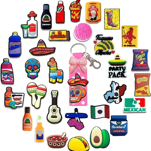 33 PCS Mexican Inspired For Croc Shoe Charms With 1 Keychain, Hispanic Charms Pins Accessories,Girls Women Favorite Gift