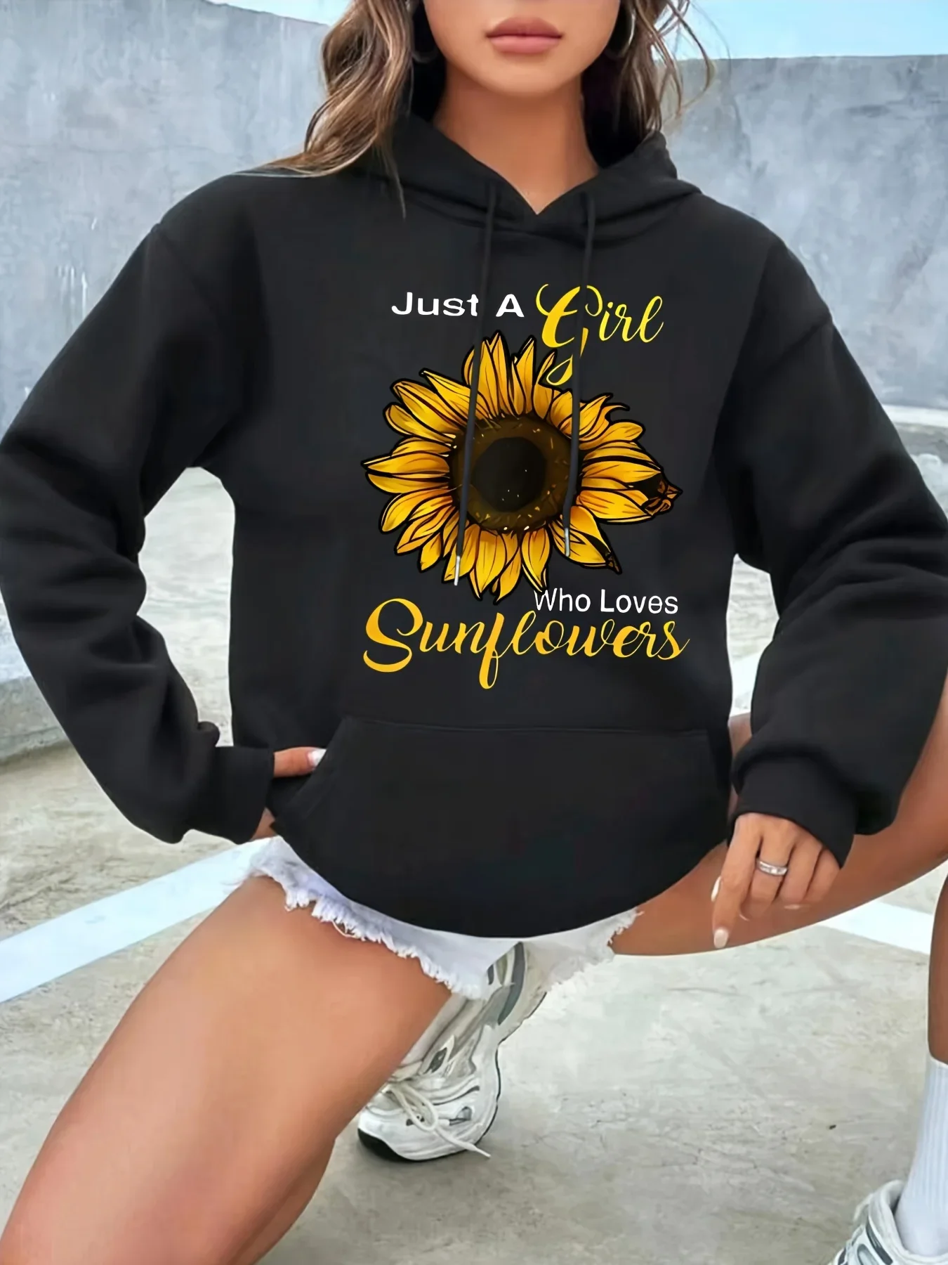 Stylish Long Sleeve Sunflower Graphic Fleece Lined Hooded Sweatshirt-Active Sweatshirts for Women with Drawstring Pullover