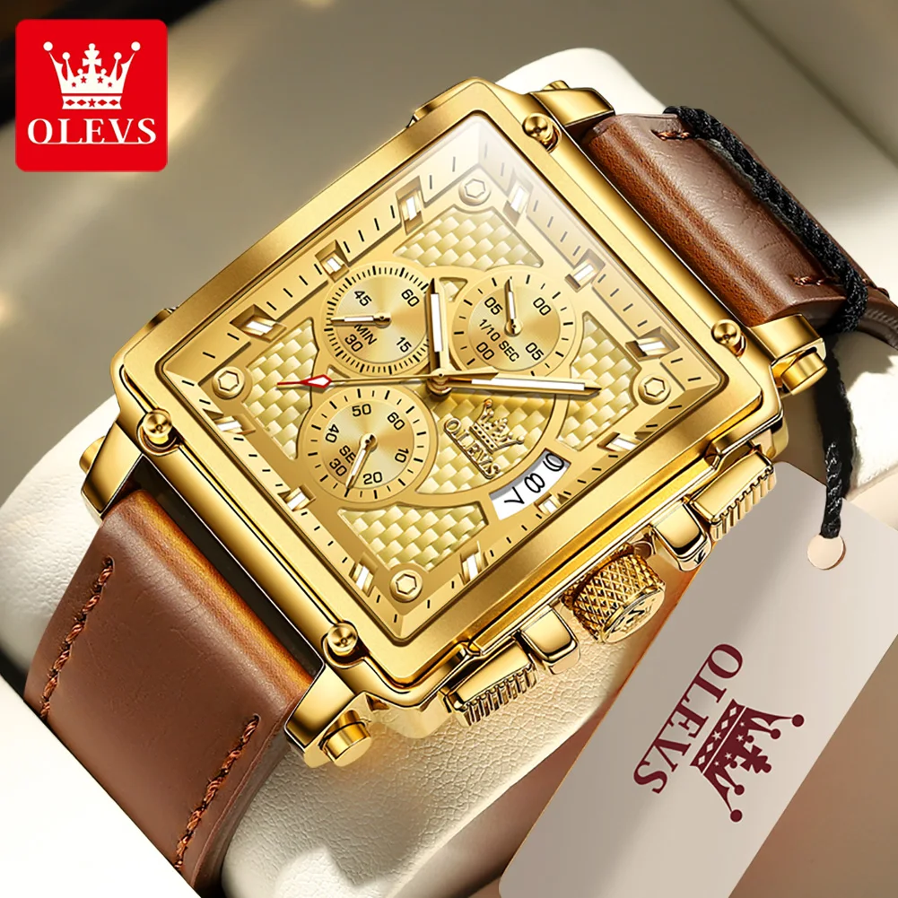 

OLEVS 45mm Big Dial Quartz Watch for Men Multifunctional Dial Gold Luxury Wristwatch Leather Strap Casual Watches Original 9925