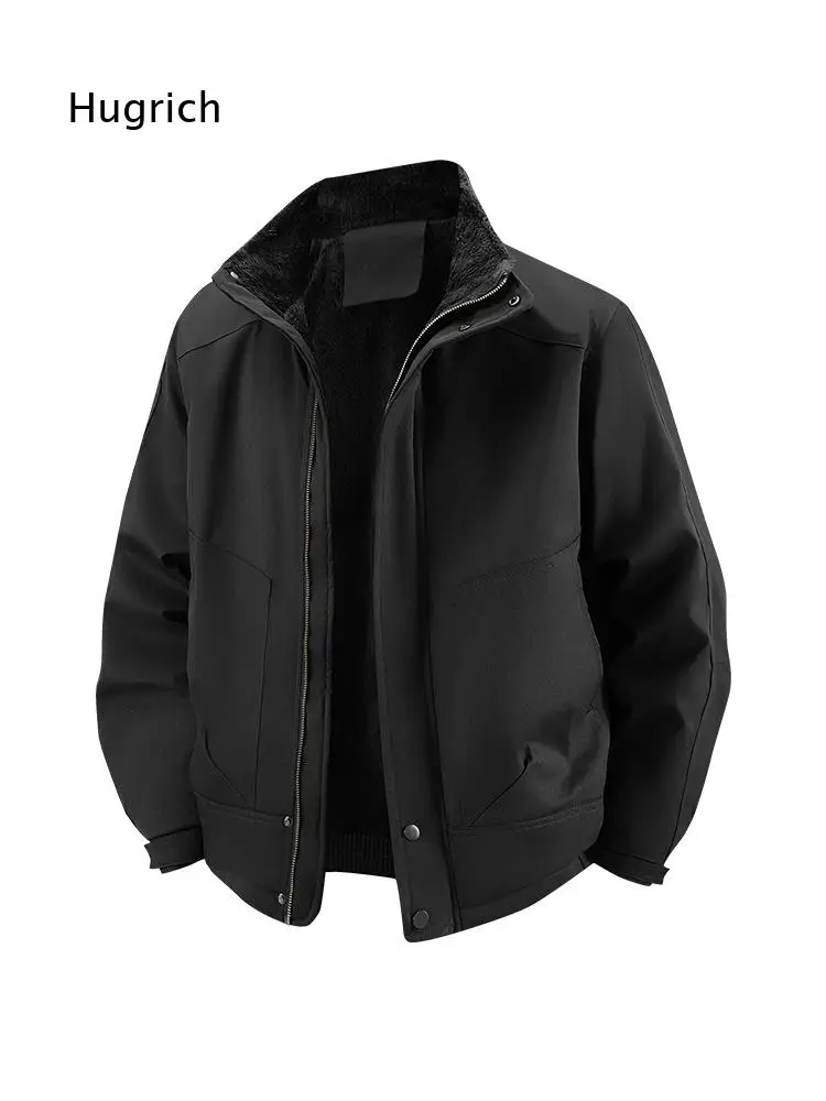 Men's Fleece Lined Stand Collar Jacket Zip Up Warm Winter Coat With Multiple Pockets For Casual Daily Streetwear