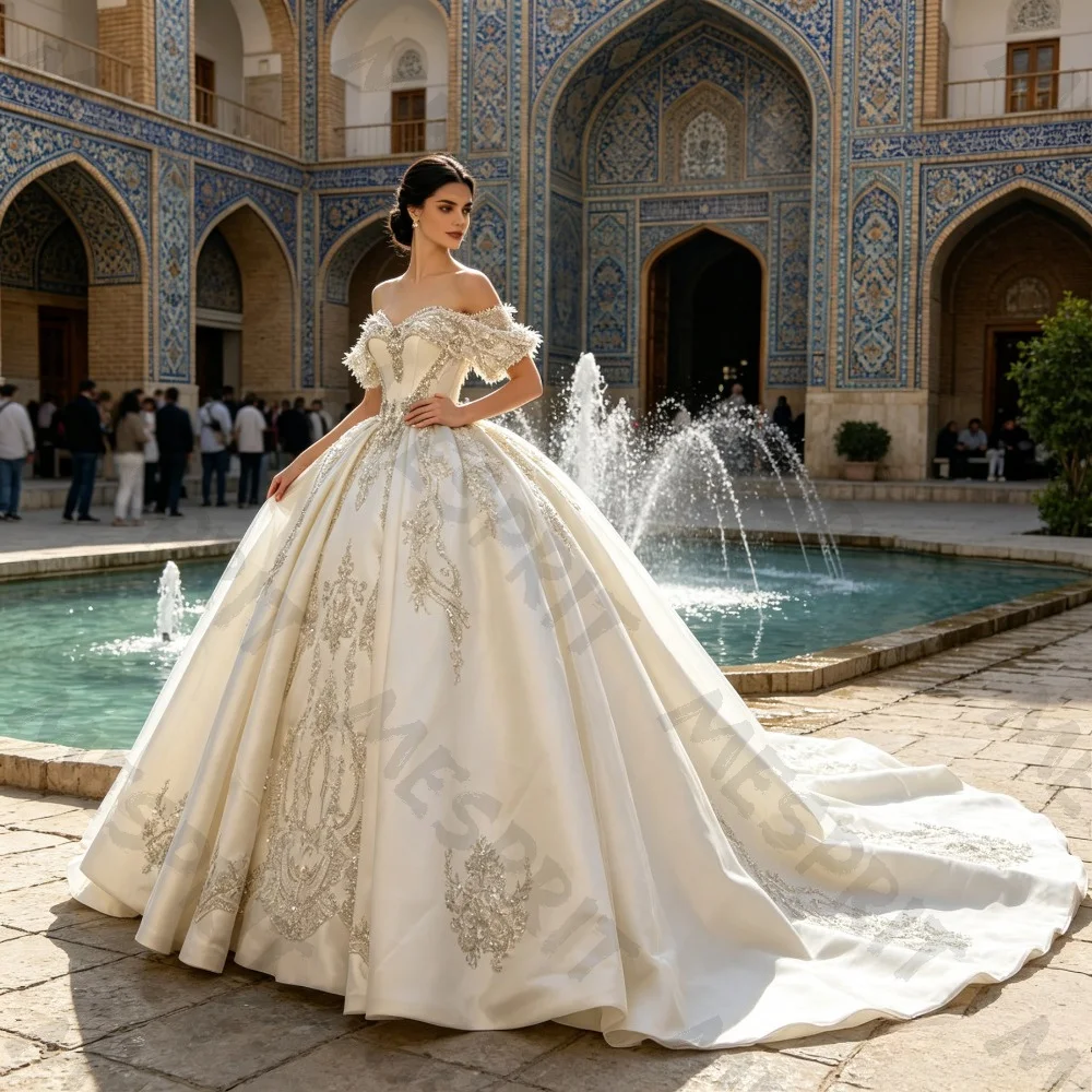 Customized Luxury Sparkling Off Shoulder Feather Satin Wedding Dresses with Beaded Stickers 2026 New Luxury Princess Ball Gown