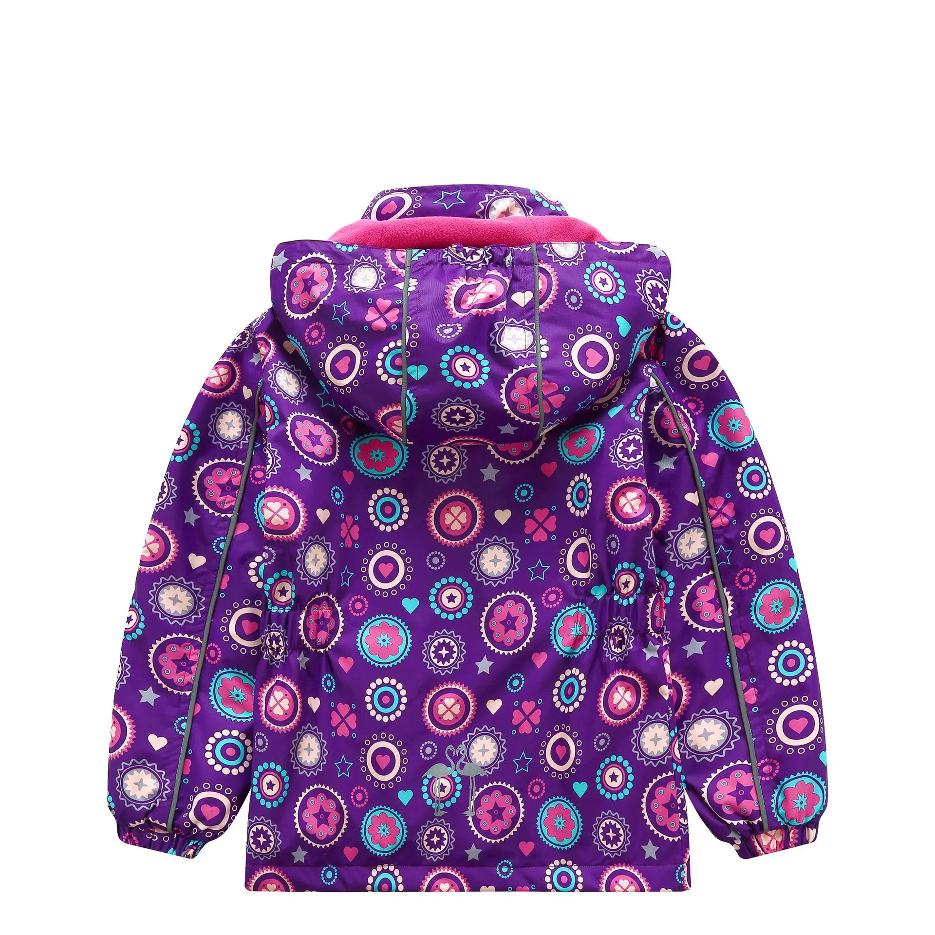 Girl\'s Jersey Windproof & Waterproof Thermal Warm Hoodie Jacket, Full Print & Reflective Details Outdoor Windbreaker Rain Coats