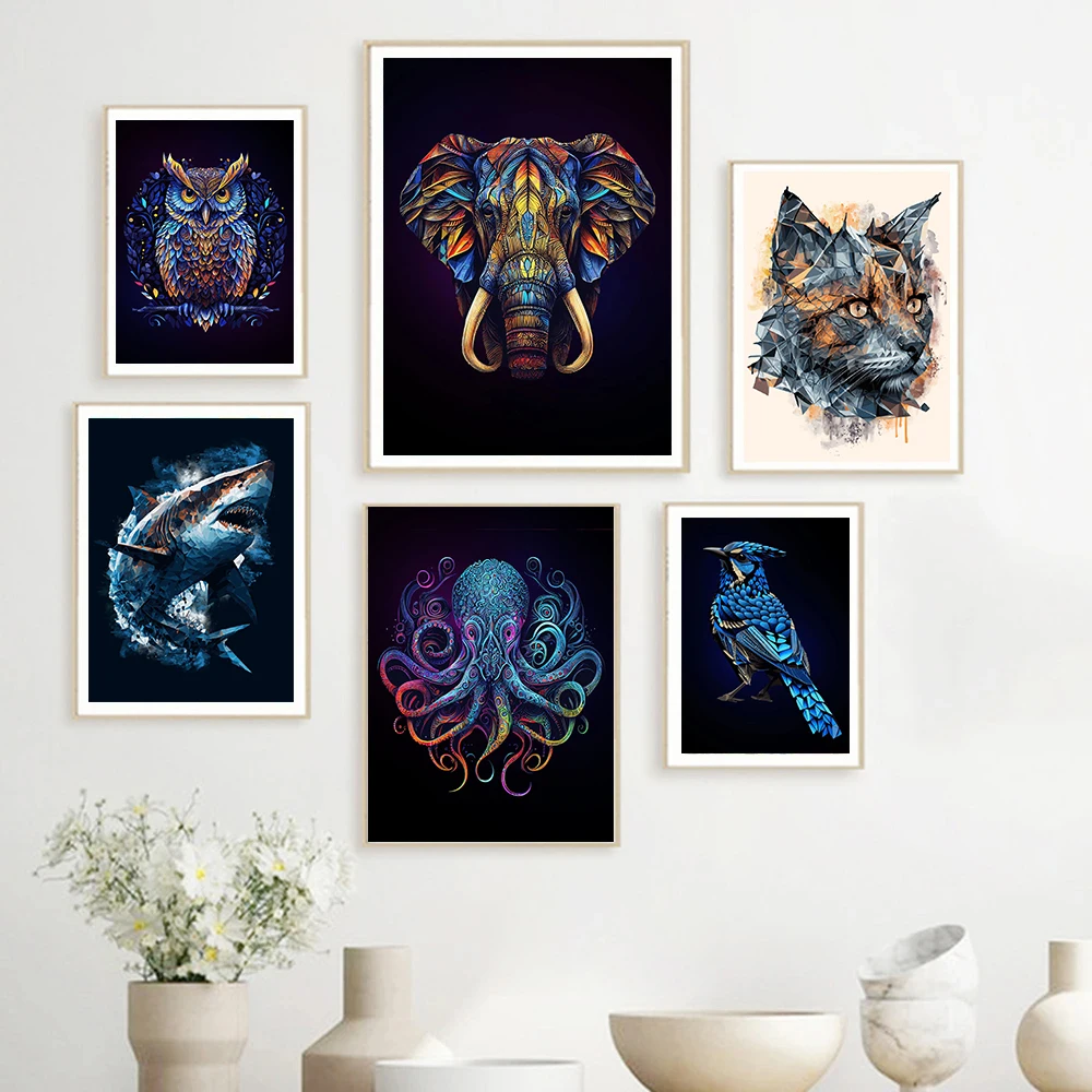 Colorful Animal Canvas Painting Elephant Tiger Cat Dog Shark Poster Print Wall Art Mural Living Room Home Decor Frameless