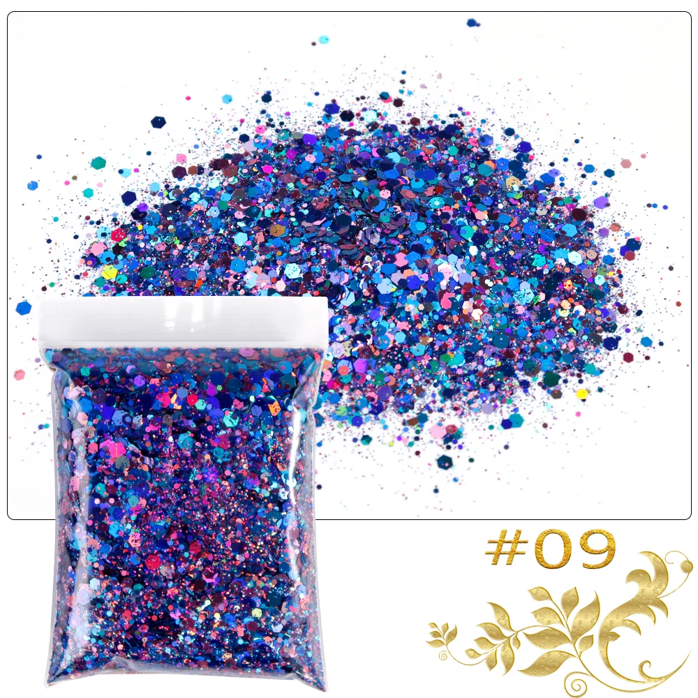 50 gr/beutel Holographische Chunky Glitter Mixed Laser Hexagon Nagel Tipps Glitter Flake Sparkly Pailletten Scheiben Pailletten Nail art Glitter