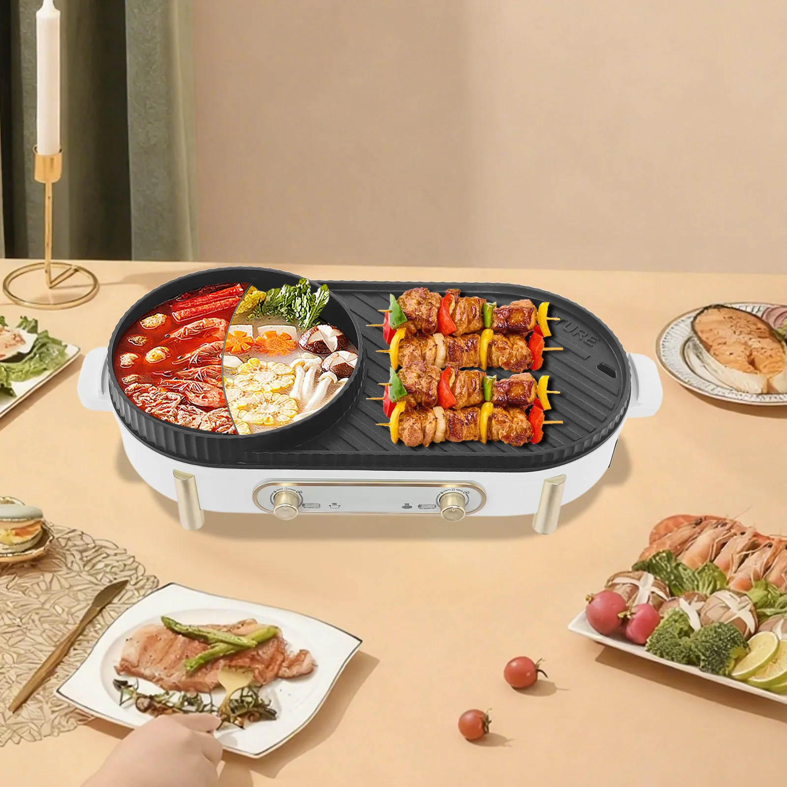 

Электрический горячий горшок Электрический гриль и горячий горшок 2-в-1 Горшок для горячей кастрюли и гриль с независимым контролем температуры