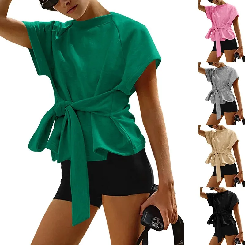 

Short Sleeve T-Shirt Loose Fit Cotton Round Neck Casual Tie Front Peplum Hem Oversized Fit Solid Color Women's Crop Top Black