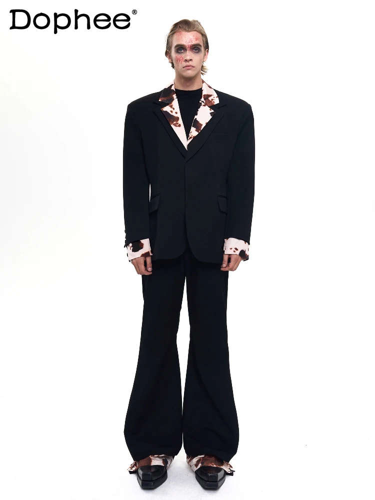 Men's 2025 Autumn New Chic 2pcs Male High-end Long Sleeve Color Matching Faux Two-piece Blazers Suit Pants Men's Two-piece Sets