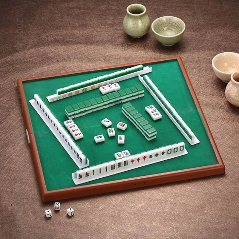 Hot Portable Mahjong Solid carved mini mahjong 15mm mahjong with table ruler 144pcs ravel Funny Family Table Board Game MJ43