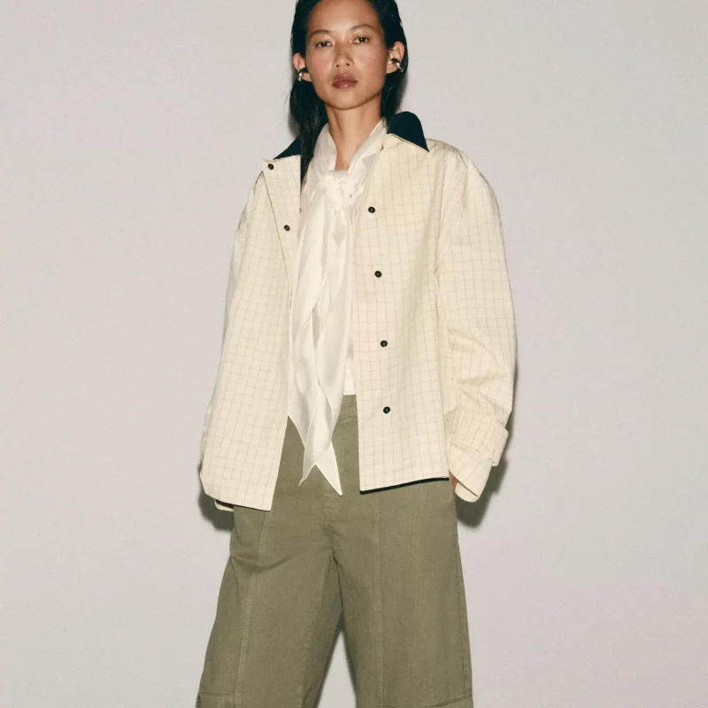 Retro Style Women's Loose Long Sleeve Plaid Jacket Summer 2026 Casual Contrast Color Collar Coat Polyester Fiber Ladies Outer...