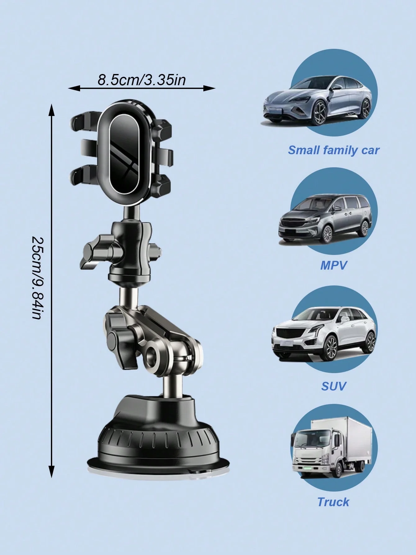 Supporto per telefono da auto con ventosa premium – Design antiurto e ammortizzante, realizzato in lega di alluminio resistente, struttura a 3 sfere