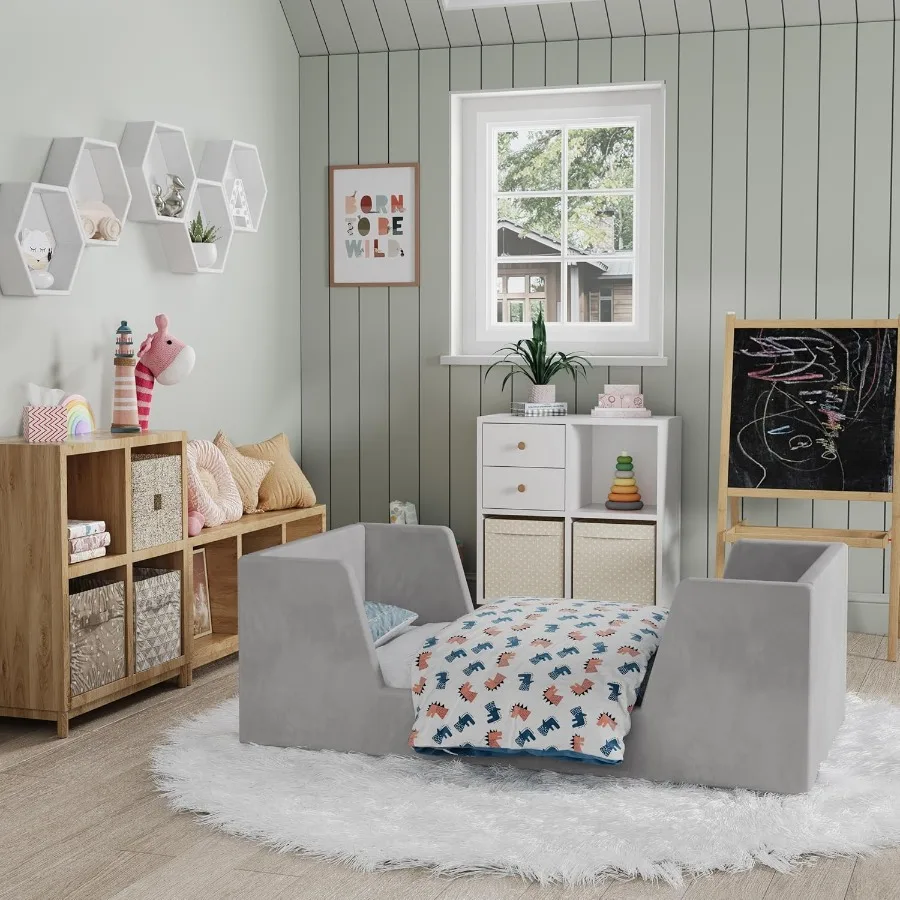 Toddler Bed Frame with Guard Rails for Ages 2-6 Certified Fabric Floor Bed in Soft Gray Safe and Space-Saving Design