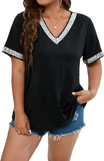 2024 Frühling neue einfarbige Perle Kurzarm Pailletten T-Shirt Top Damen bekleidung