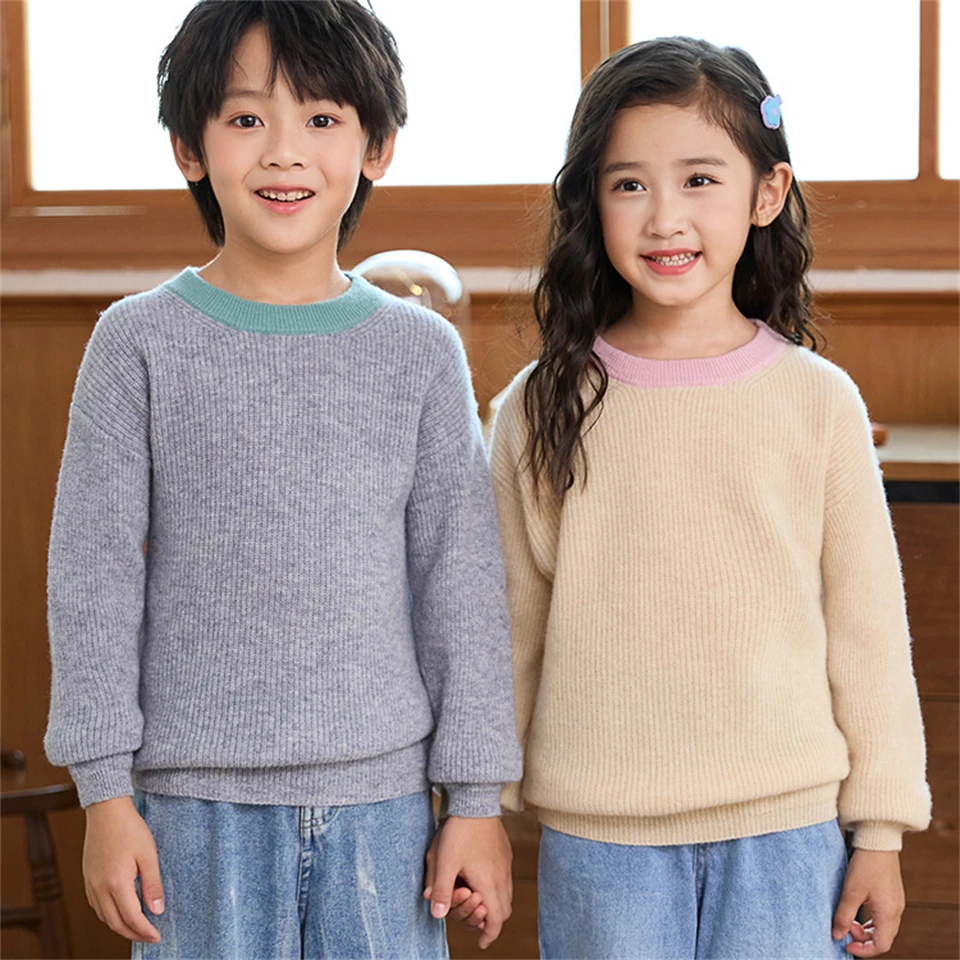 Winter Children color blocking 100% wool knitted sweater Boy Girl Striped round neck pullover keep warm winter clothing Kids Top