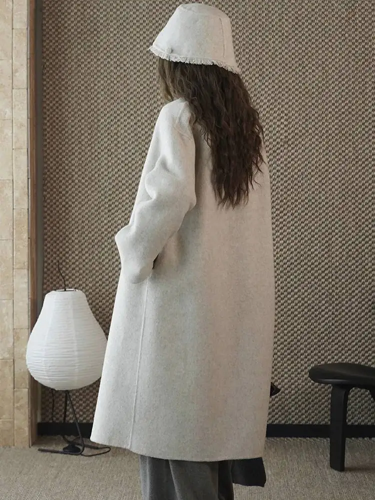 HUISONG الشوفان اللون 70% الصوف حجم كبير معطف الصوف الدافئ جديد س الرقبة طويلة الأكمام المرأة سترة موضة المد الخريف الشتاء 2025 ycescj