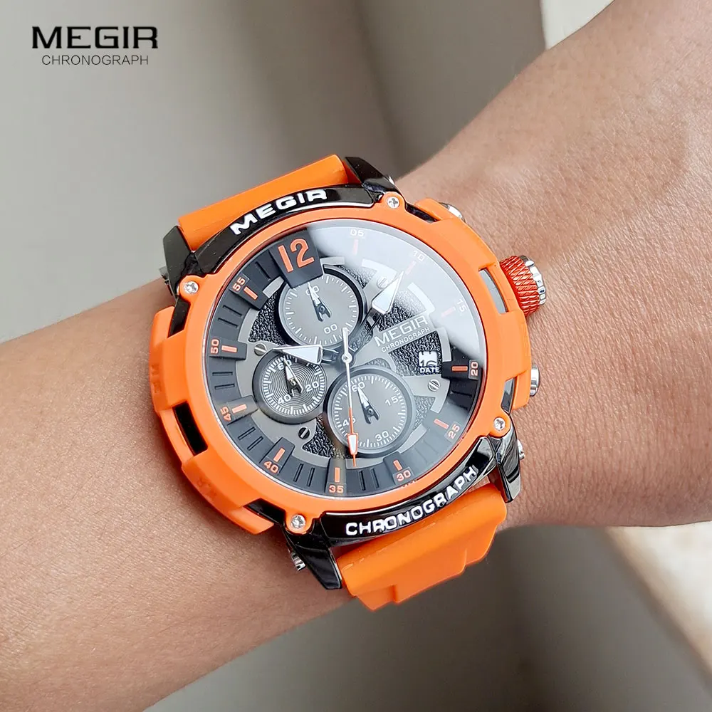 MEGIR Orange Sport Watches for Men Fashion Waterproof Luminous Chronograph Quartz Wristwatch with Auto Date Silicone Strap 2208