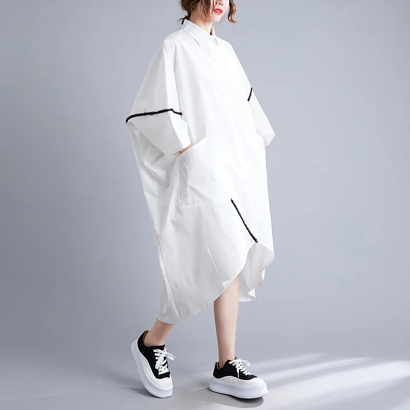 #3483 White Women Asymmetrical Shirt Dress Batwing Sleeve Loose Front Buttons Midi Dress Big Pockets Turn-down Collar Summer2023