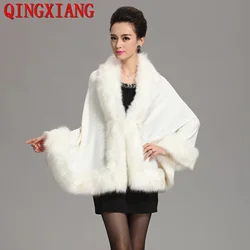 13 Colors Faux Fox Fur Collar Wool Cashmere Poncho Capes New Winter Women Black White Knitted Cardigan Loose Emboss Shawl Coat