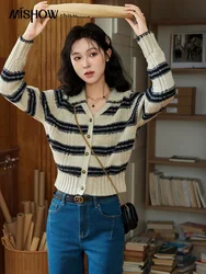 MISHOW Sweater Knitwear Women Contrast Stripe Lapel V-Neck Tops 2024 Bronze Button Single Breasted Casual Sweaters MXD41Z0709