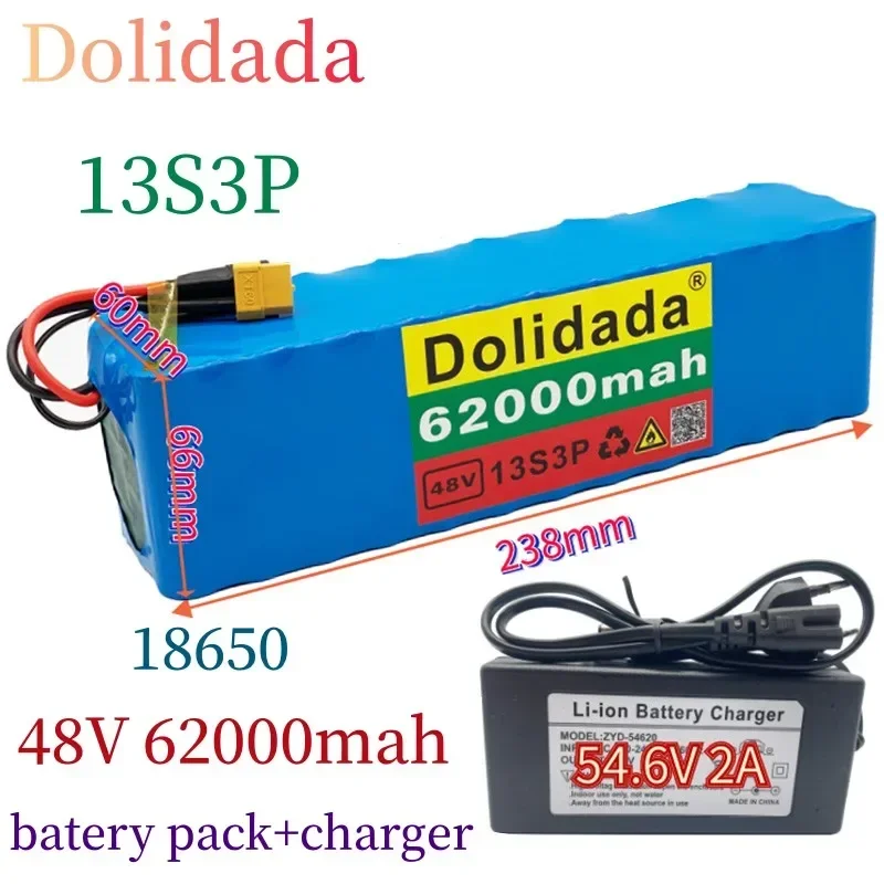 62Ah 48V 13S3P Rechargeable Li-ion  Battery Pack for Electric Bicycle Scooter with Built-in BMS XT60 Plug with 54.6V 2A Charger