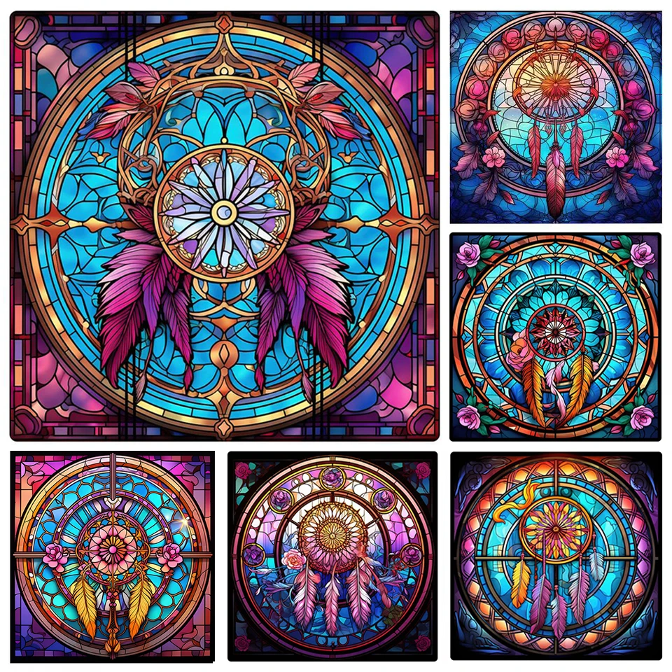 Full Diamond Mosaic Stained Glass Dream Catcher Diamond Painting New Square Round Drill Embroidery Art Landscape  Decor EE3501