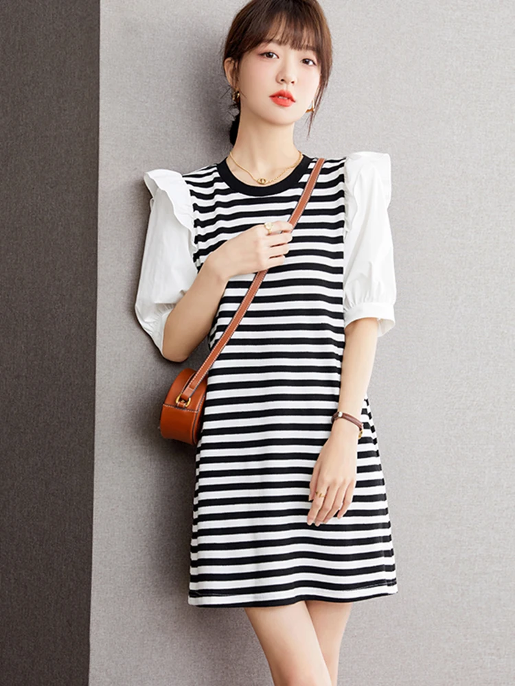 

Summer New Women Sweet Striped Dress O-Neck Casual Loose Dress Elegant Short Sleeves Office Pullover Dress
