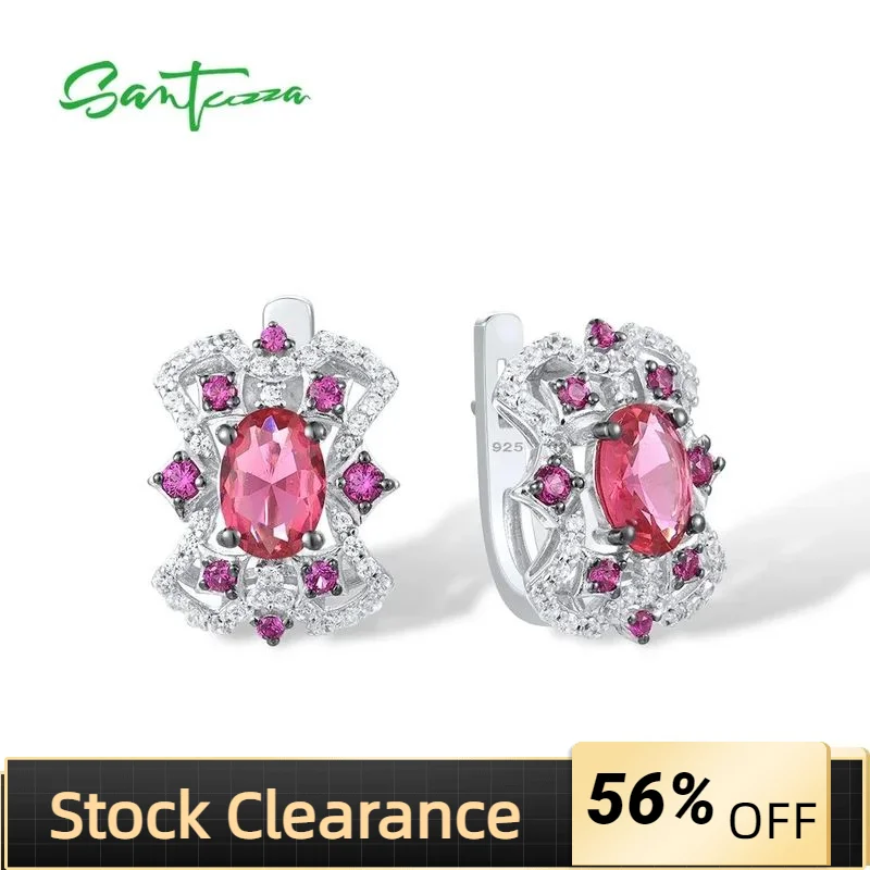 

SANTUZZA 925 Sterling Silver Earrings For Women Sparkling Pink Red Stones White CZ Stud Earrings Elegant Gorgeous Fine Jewelry