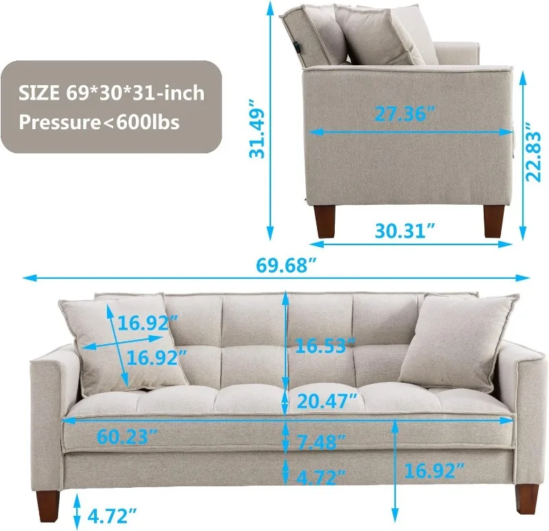 Linen Sofas Couchs for Living Room Grid Tufted Loveseat Sofa Padded 2 Seater Bedroom Couch Soft Comfy Sofa Bed for Smal